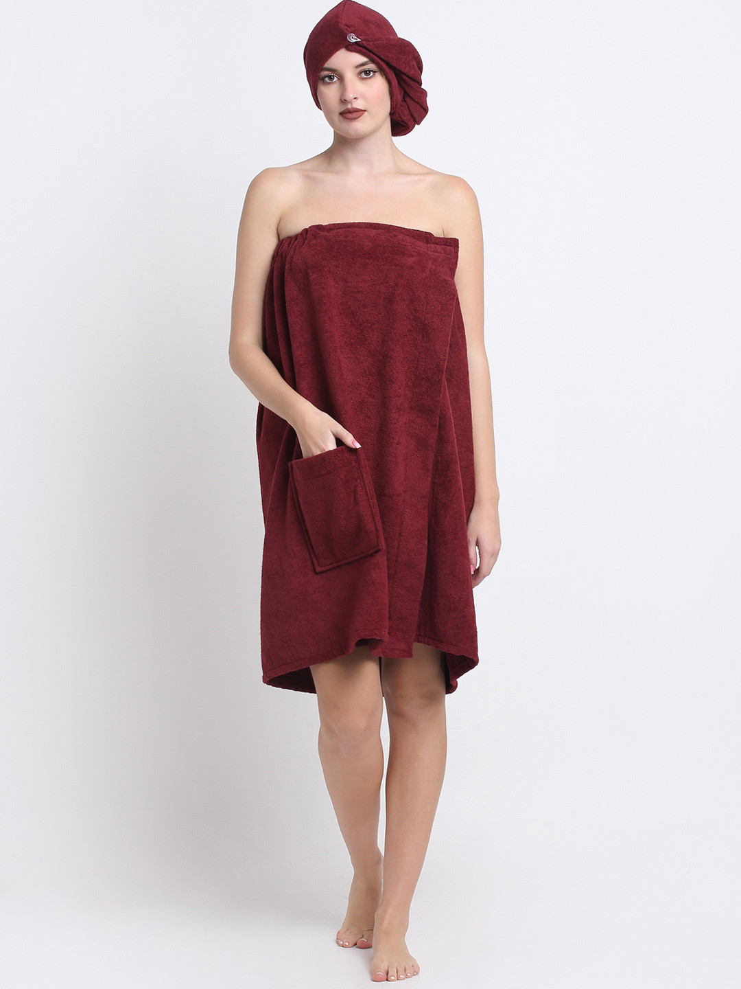 Creeva 380 GSM, Luxury Maroon Cotton Slip-On Knee Length Set of 2 Bath Wrap with Hair Wrap