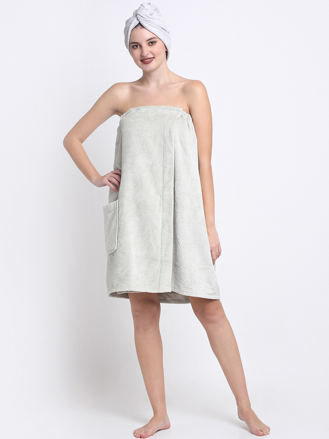 Creeva Luxury Grey 2 Pcs 380 GSM Highly Absorbent Pure Cotton Hair & Bath Wrap Towel Robe