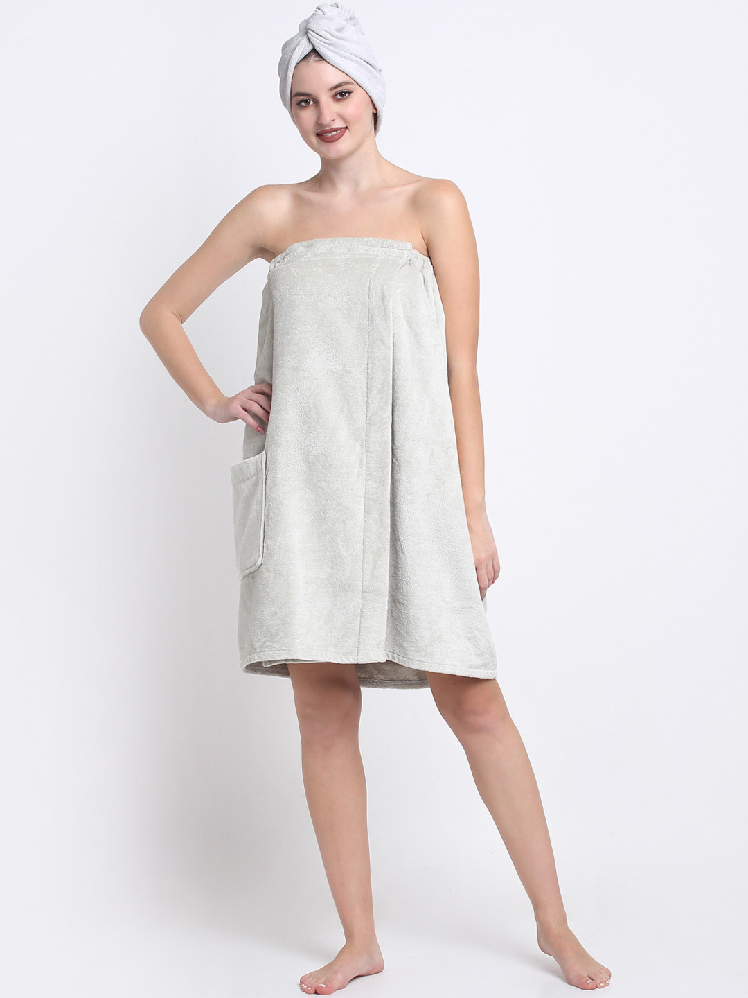 Creeva 380 GSM, Luxury Silver Solid Cotton Slip-On Mini Set of 2 Bath Wrap with Hair Wrap