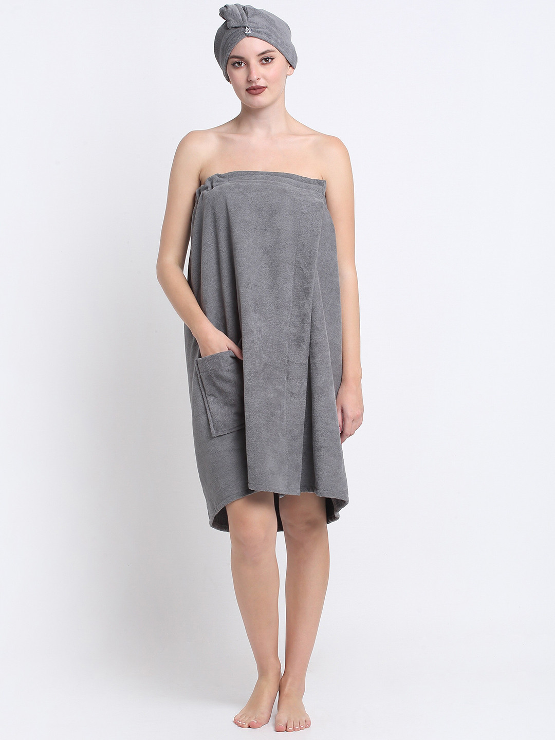 Creeva Luxury Charcoal Cotton Slip-On Knee Length Set of 2 Bath Wrap with Hair Wrap