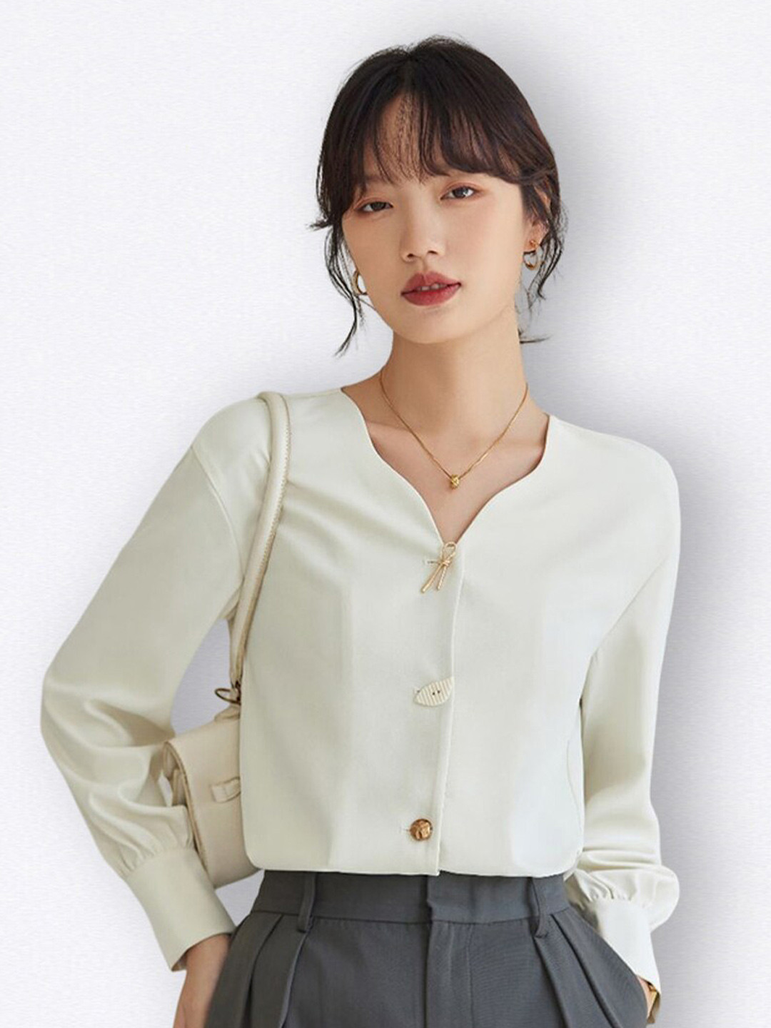 JC Collection Women Collarless Long Sleeves Casual Shirt