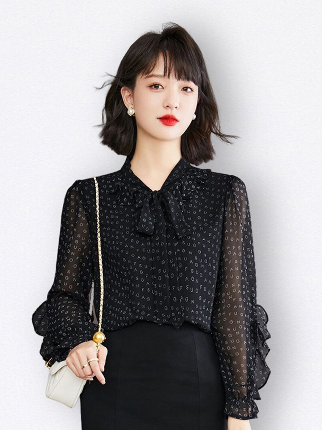 JC Collection Typography Printed Tie Up Neck Top