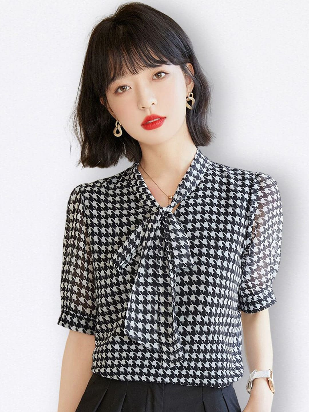 JC Collection Printed Tie-Up Neck Shirt Style Tops