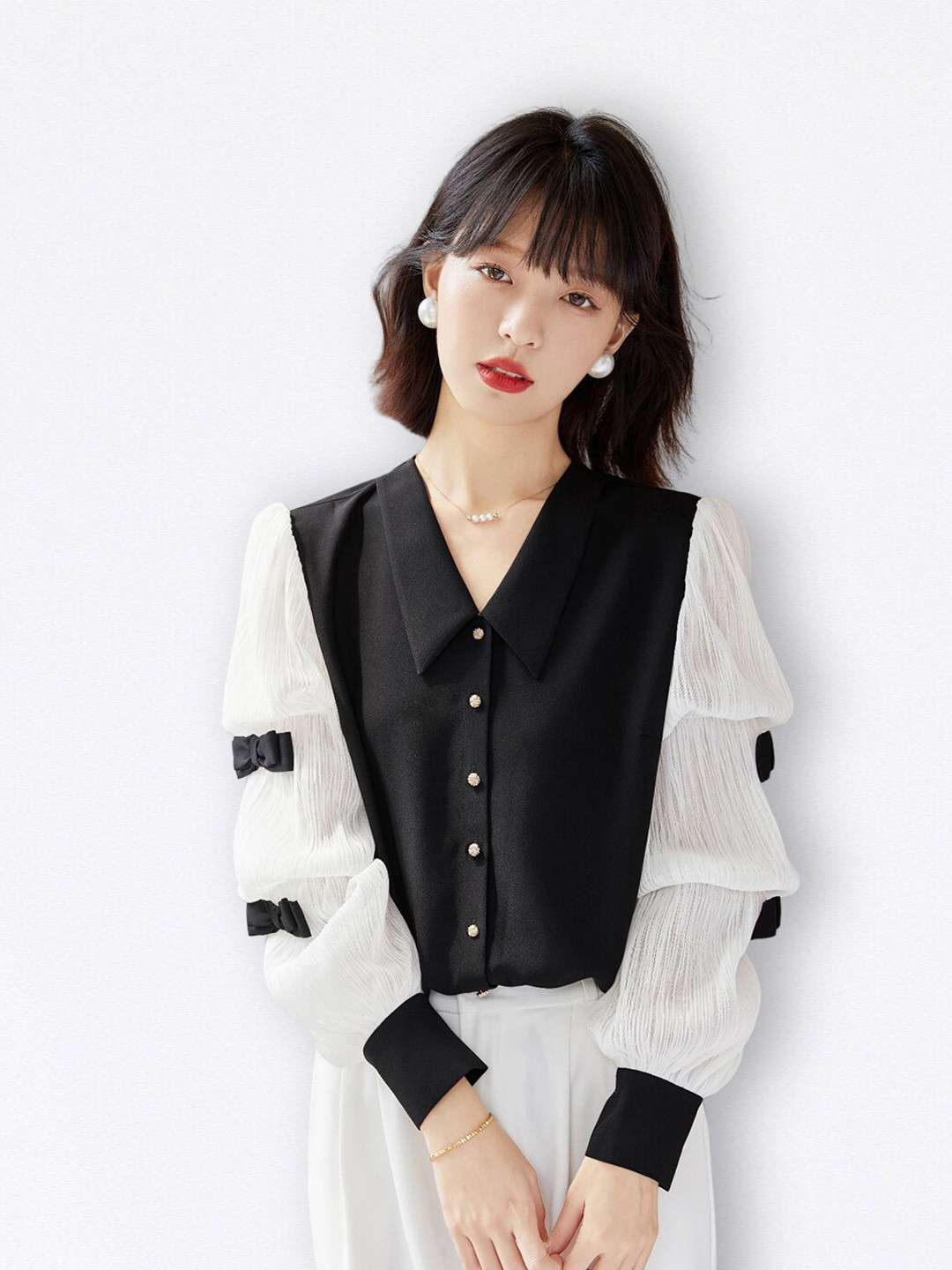 JC Collection Above The Keyboard Collar Gathers Casual Shirt