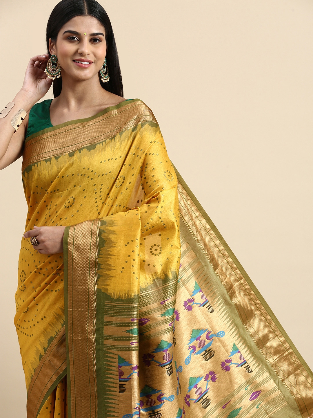 Buy Satrani Women'S Golden and Green Paithani Jacquard Silk Saree | sarees  for Women| saree | sarees Online at Best Prices in India - JioMart.