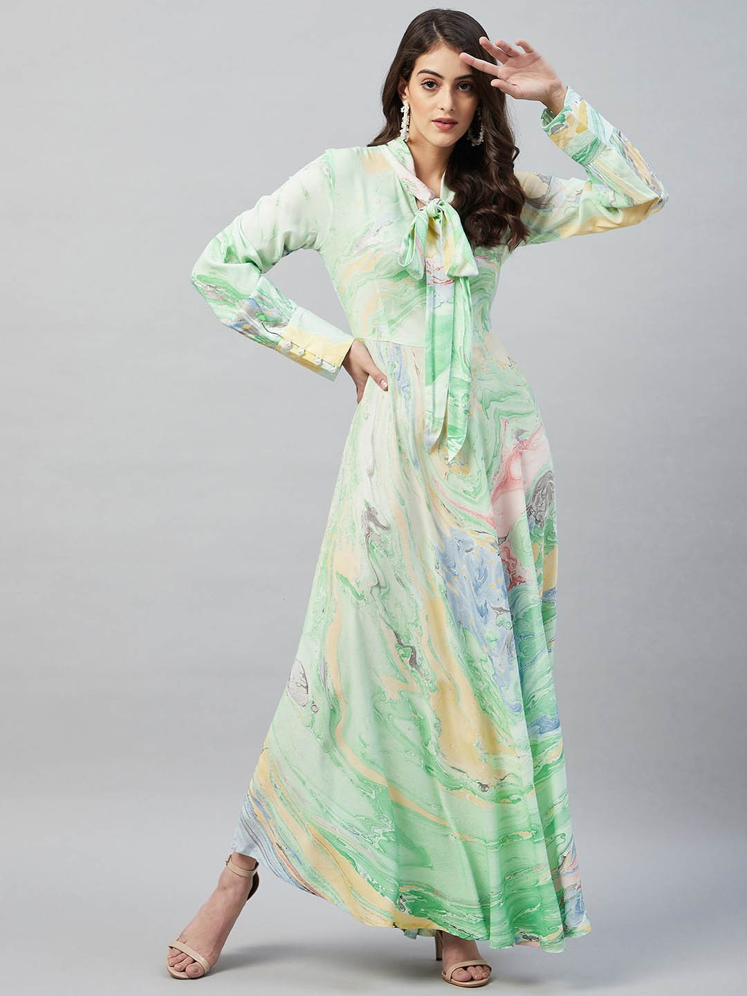 Aaheli Abstract Printed Tie-Up Neck A-Line Maxi Dress