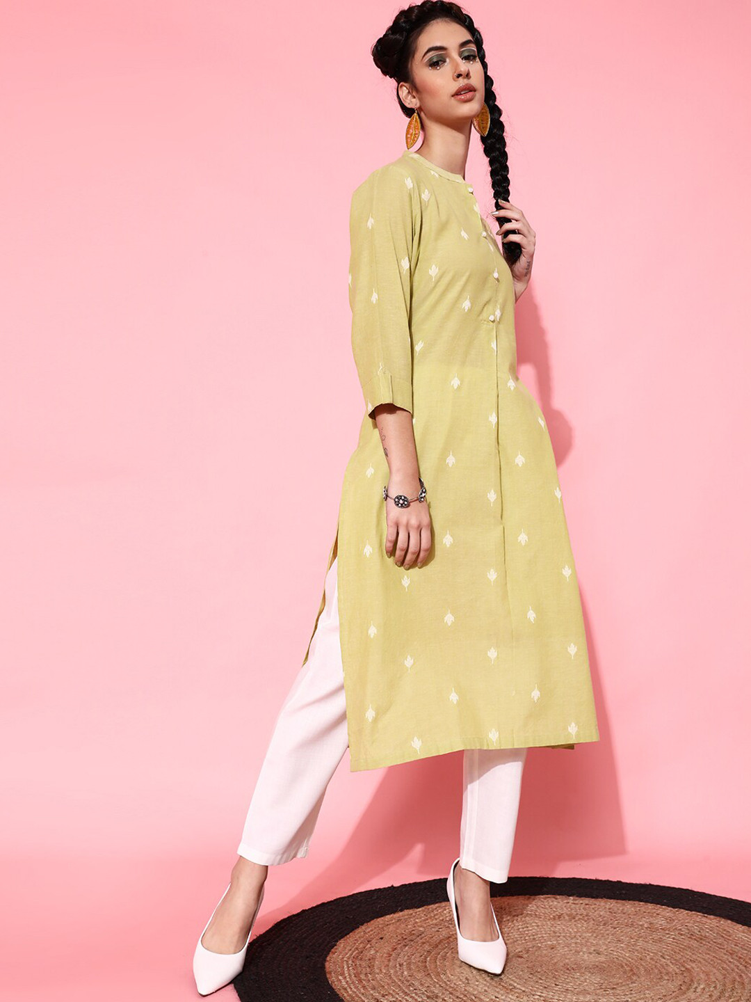 indo street Band Collar Ethnic Motifs Woven Design Pure Cotton Kurta with Trouser