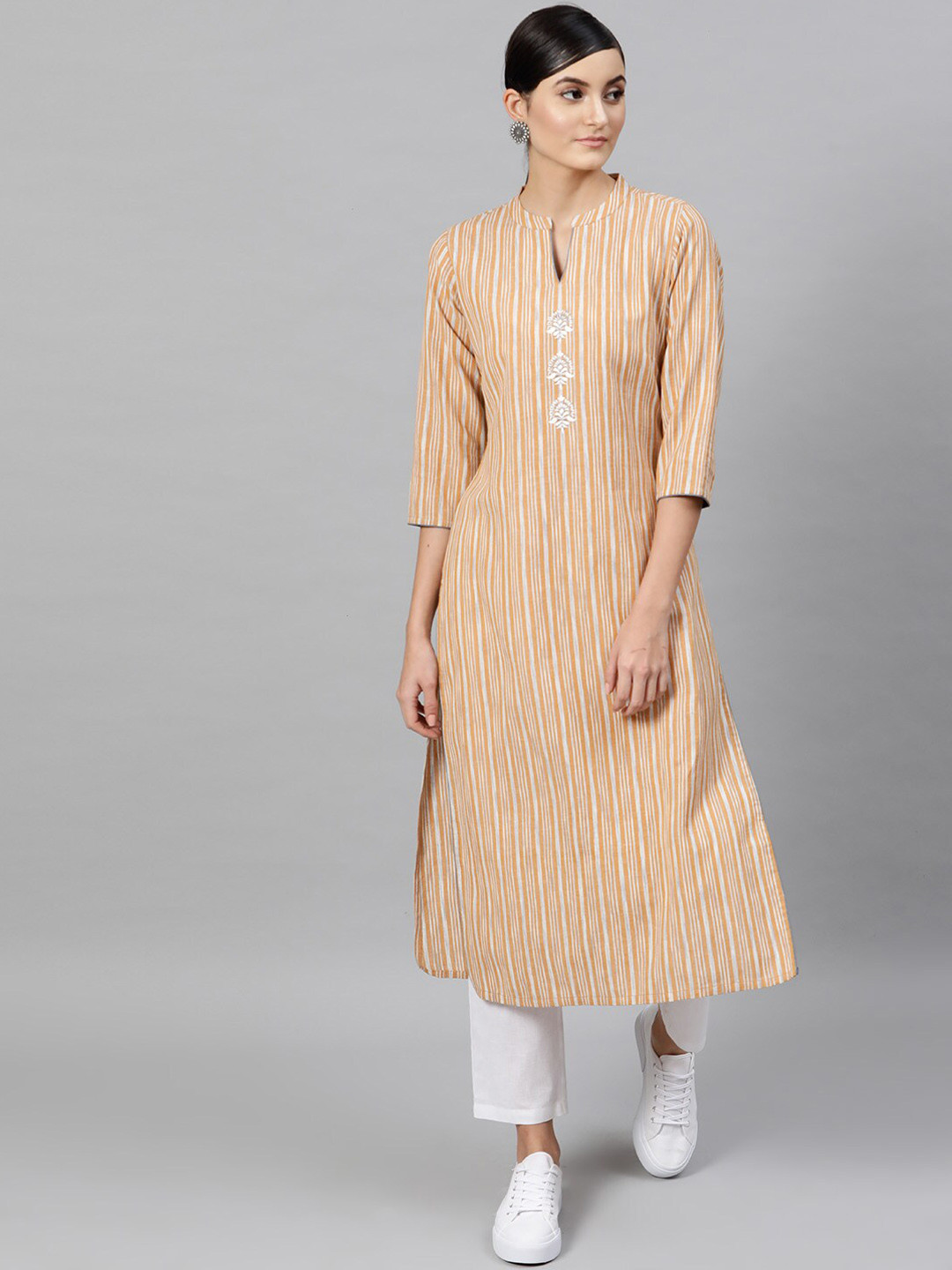indo street Band Collar Striped Thread Work Pure Cotton Kurta with Trousers