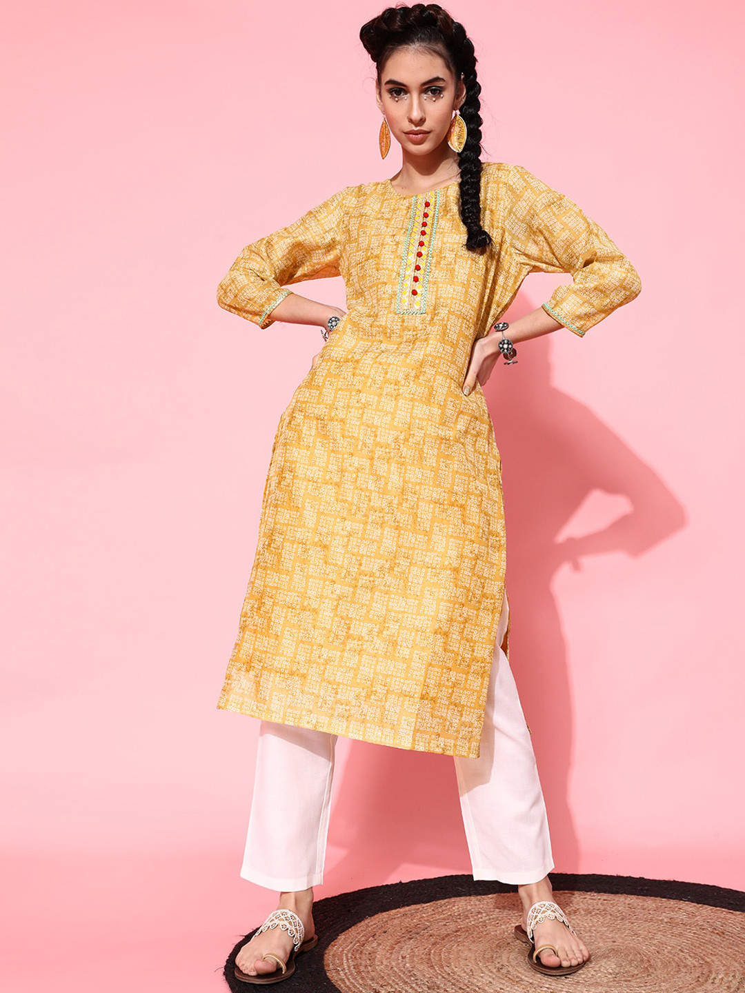 indo street Bandhani Printed Gotta Patti Pure Cotton Kurta With Trousers