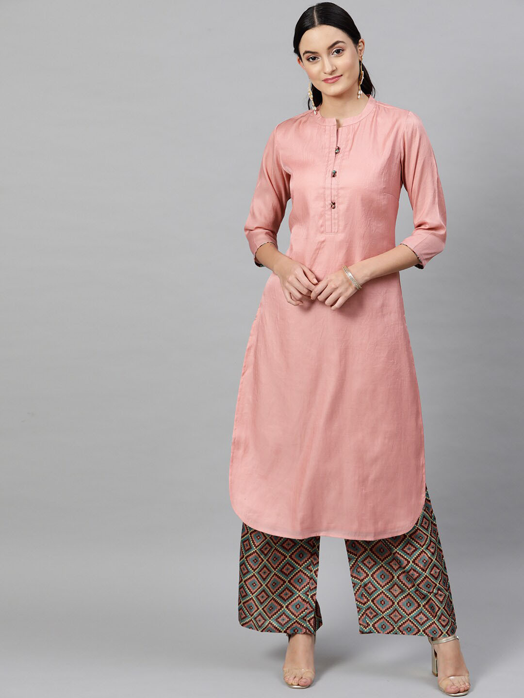 indo street Band Collar A-Line Curved Kurta with Palazzos