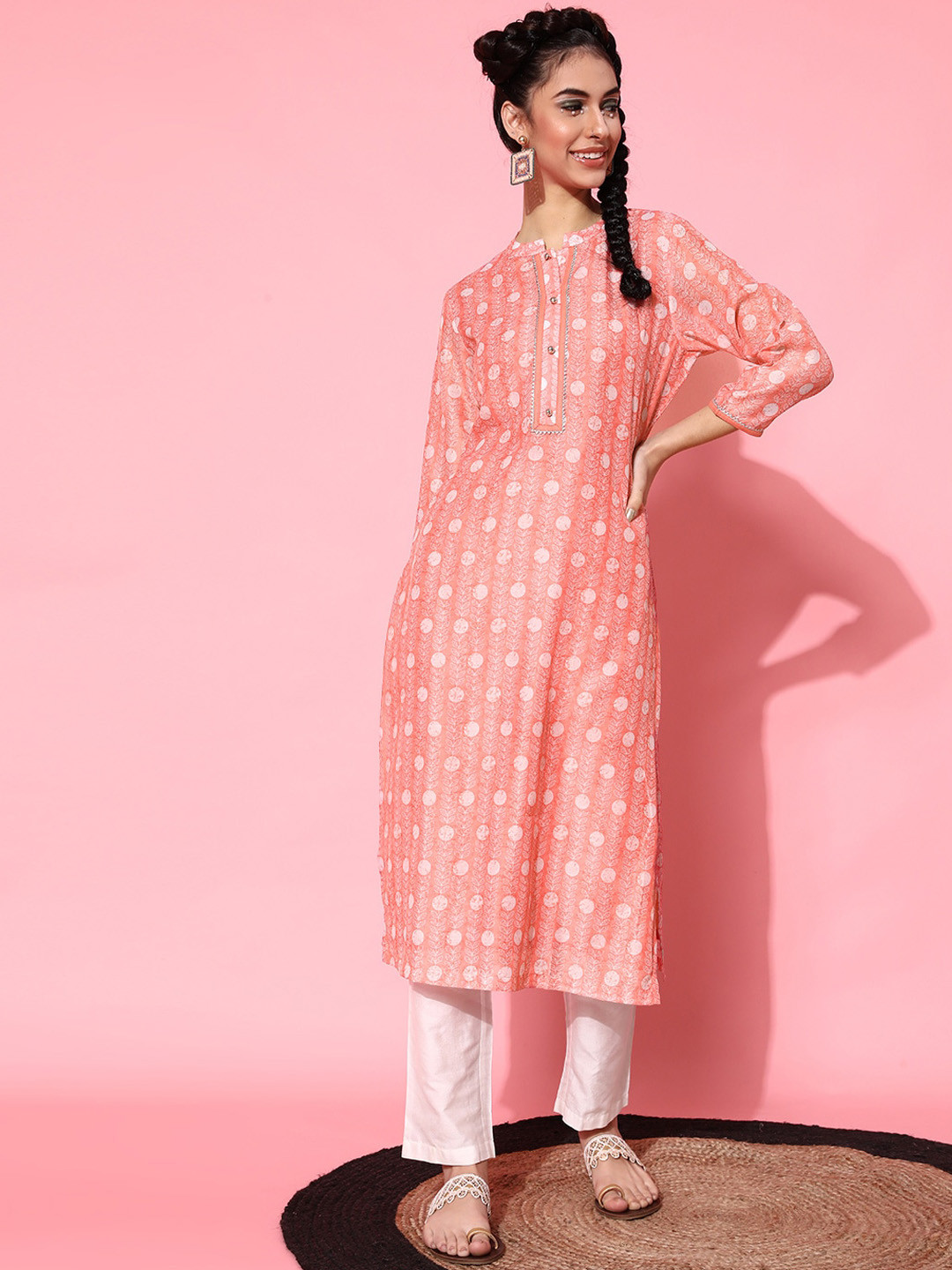 indo street Band Collar Floral Printed Pure Cotton Kurta with Trousers