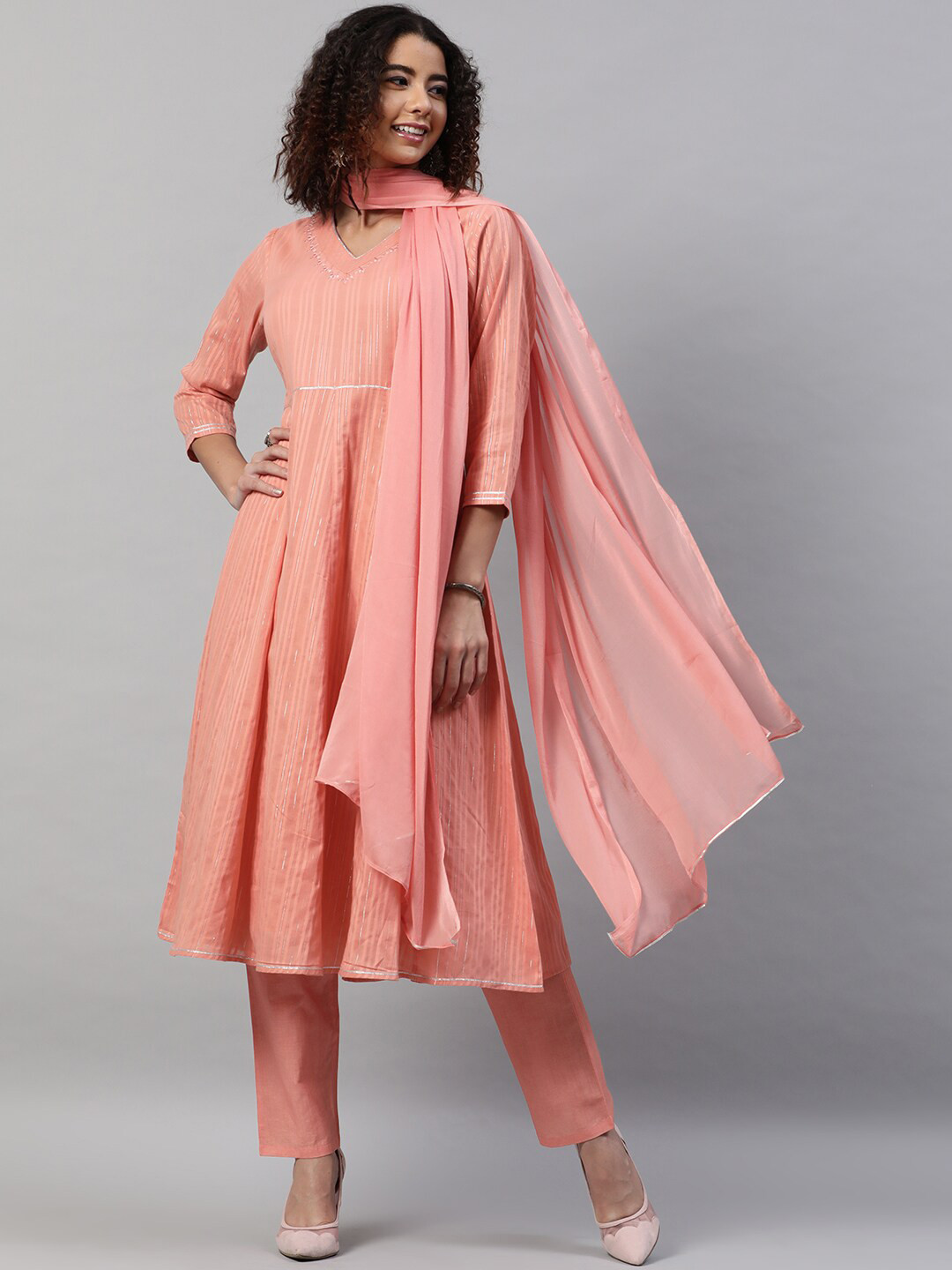 indo street Striped Anarkali Thread Work Pure Cotton Kurta with Trousers & Dupatta