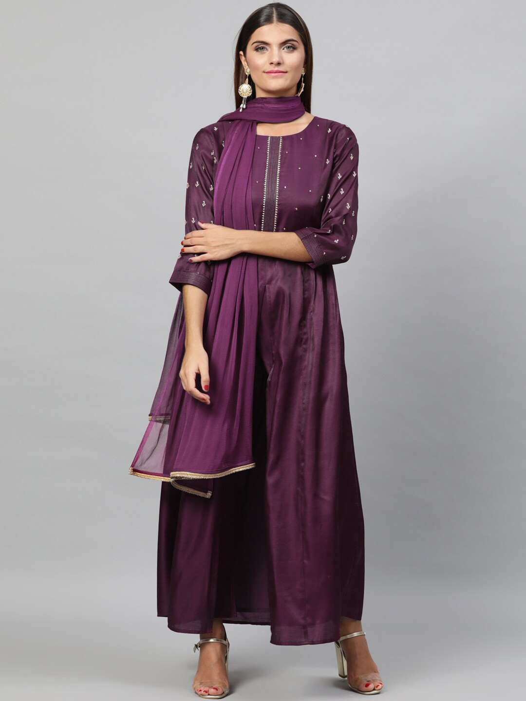 indo street Thread Work Beads & Stone A-Line Pleated Kurta with Trousers & Dupatta