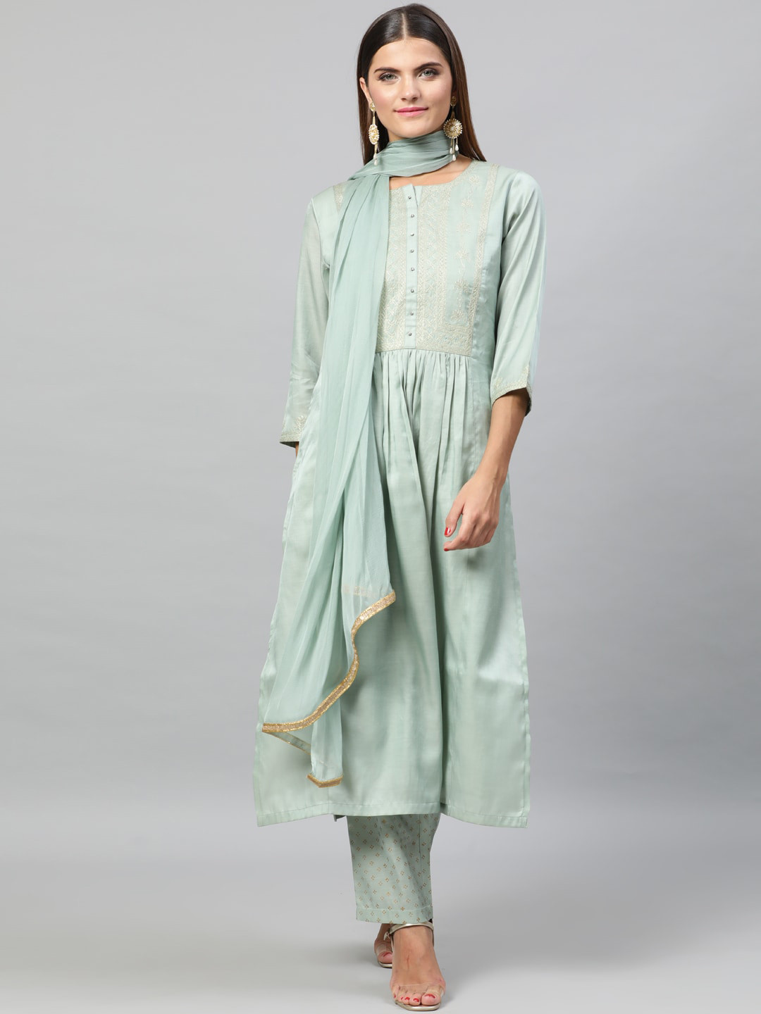 indo street A-Line Ethnic Motifs Embroidered Satin Kurta with Trousers & Dupatta