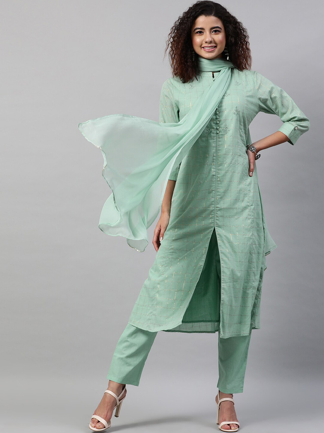 indo street Checked Zari Thread Work Front Slit Pure Cotton Kurta with Trousers & Dupatta