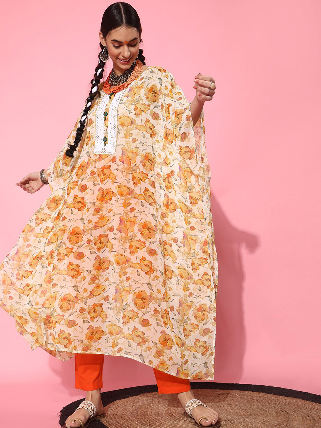 indo street Floral Printed Gotta Patti Kaftan Kurta