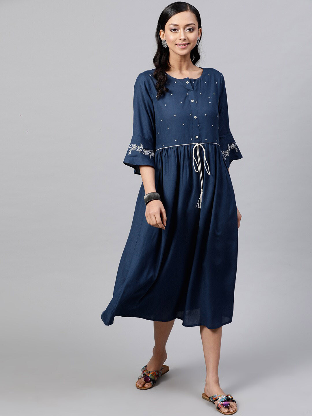 indo street Embroidered A-Line Midi Dress