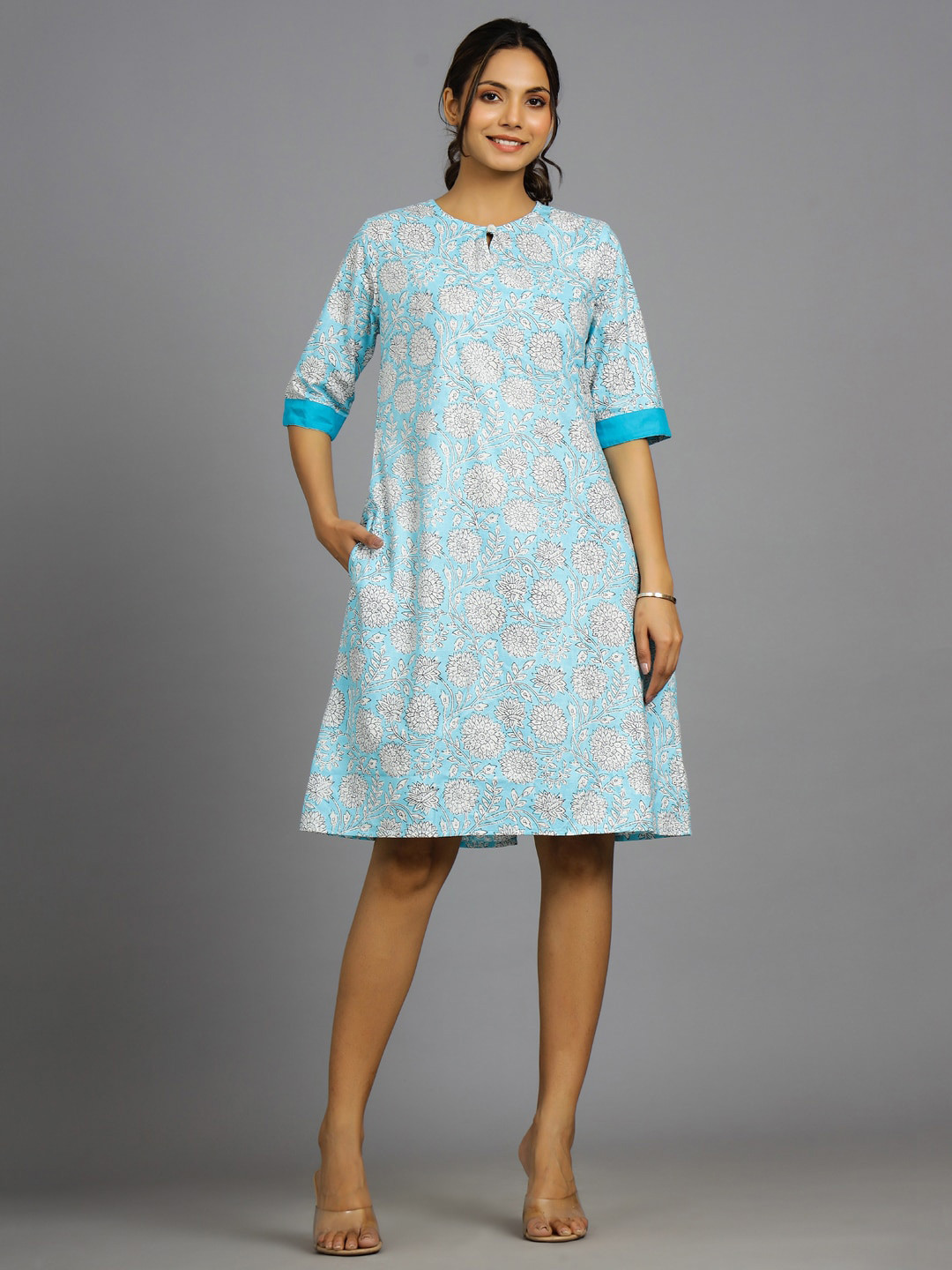 HANDICRAFT PALACE Keyhole Neck Floral Printed Pure Cotton A-Line Dress