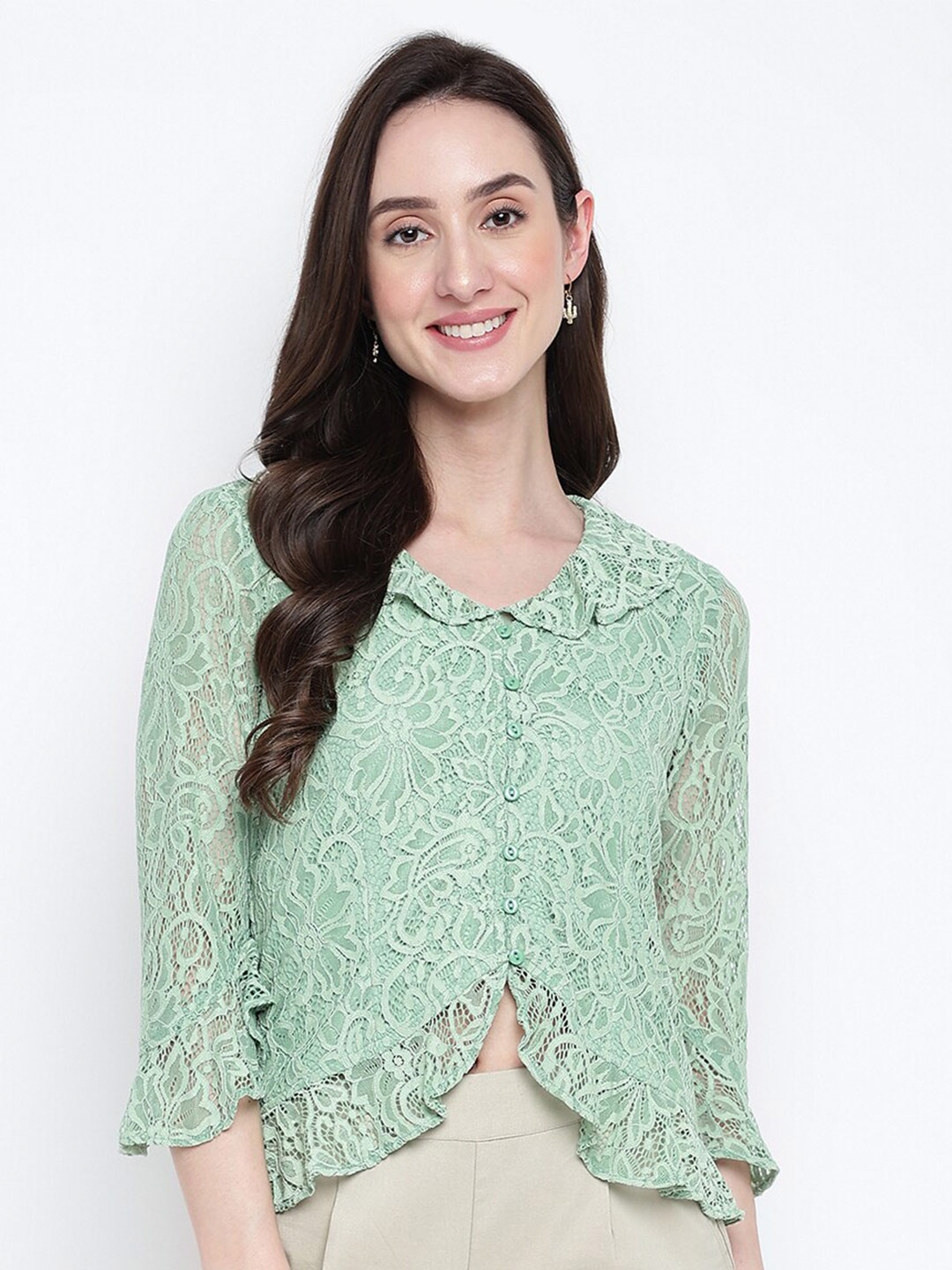 Latin Quarters Floral Self Design Peter Pan Collar Bell Sleeves Shirt Style Top