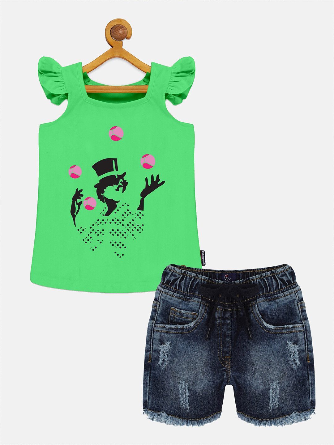 KiddoPanti Girls Printed Pure Cotton Square Neck T-shirt with Shorts Clothing Set