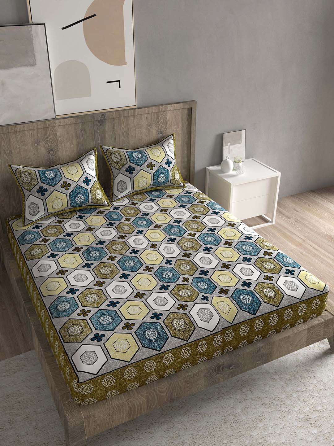 Spangle Jaipuri Gold Ethnic Motifs Cotton 260 TC King Fine Bedsheet with 2 Pillow Covers-108 x 100 inches