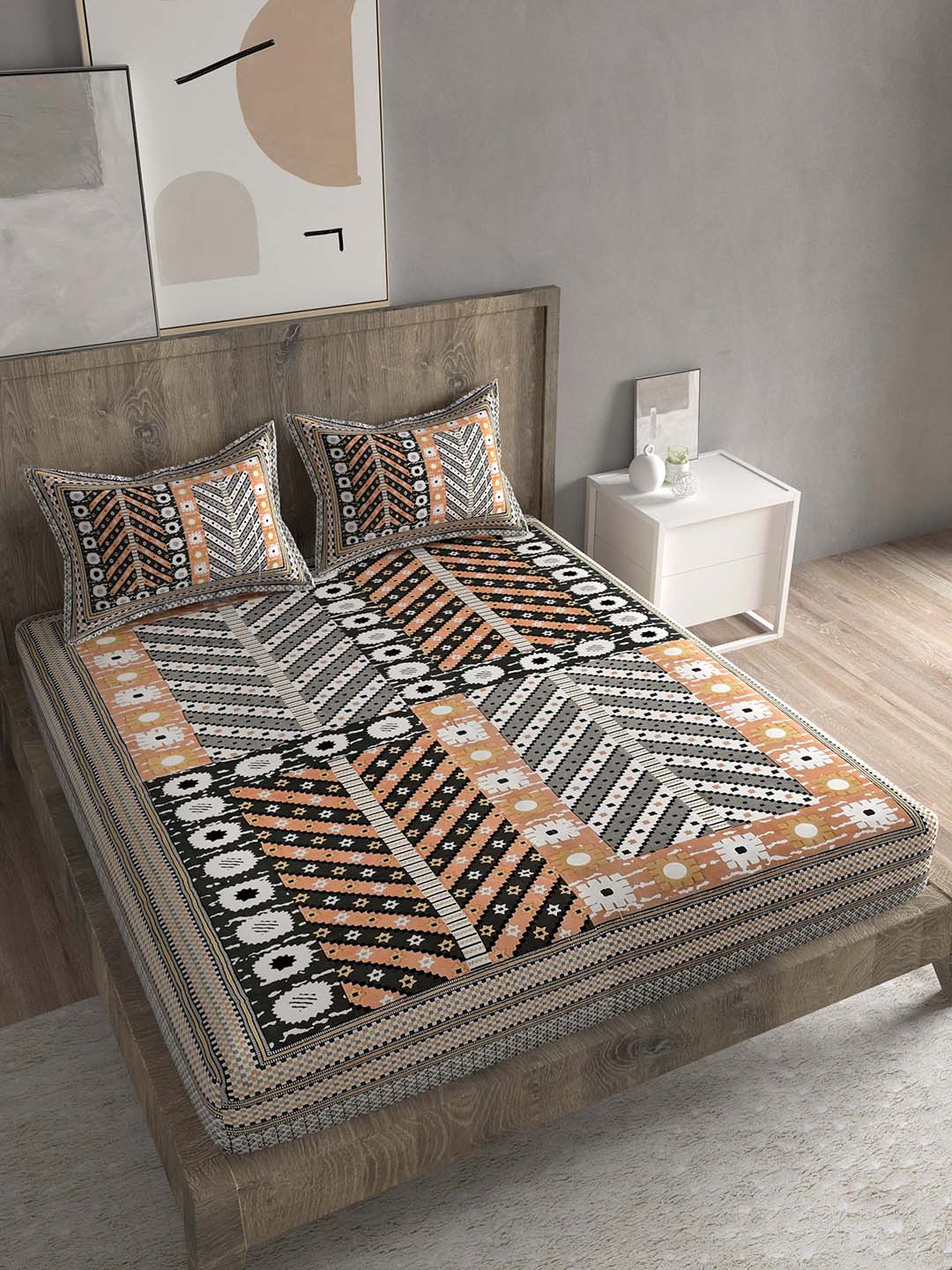 Spangle Loroco Cream Ethnic Motifs Cotton 260 TC King Fine Bedsheet with 2 Pillow Covers-108 x 100 inches