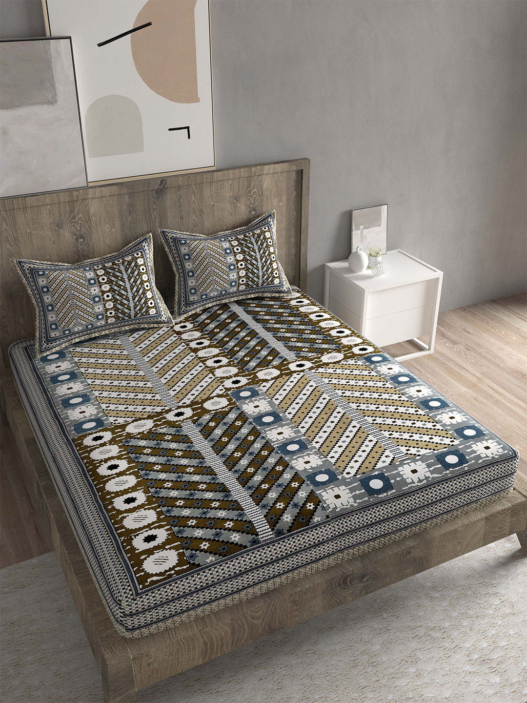 Spangle Olive Floral Cotton 260 TC King Fine Bedsheet with 2 Pillow Covers-108 x 100 inches