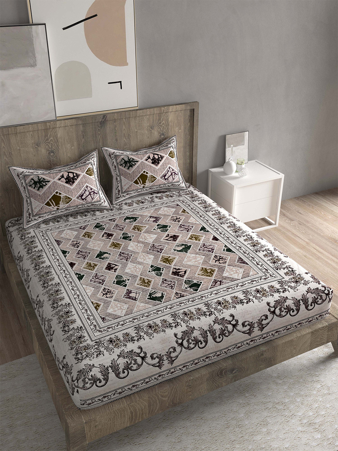Spangle White Ethnic Motifs Cotton 260 TC King Fine Bedsheet with 2 Pillow Covers-274 x 254 cm