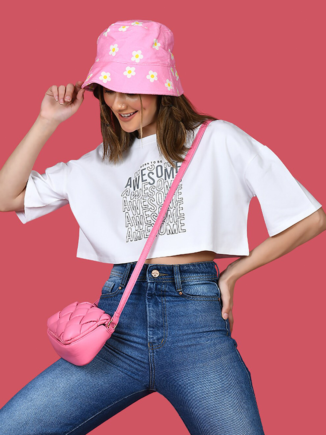 zink Z Typography Printed Drop Shoulder Sleeves Boxy Crop T-shirt