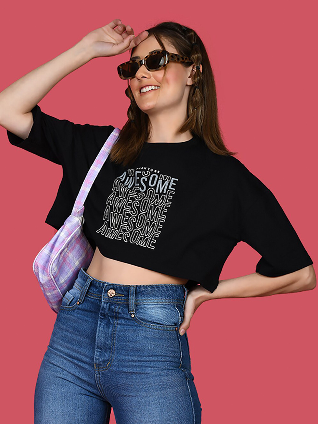 zink Z Typography Printed Drop-Shoulder Sleeves Boxy Crop T-shirt