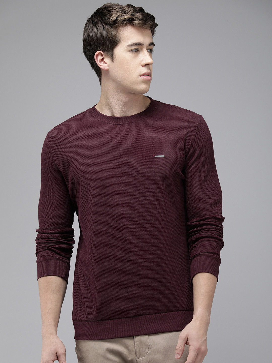 THE BEAR HOUSE Men Maroon Ribbed Tshirt Solid Cotton Round Neck Slim Fit T-shirt