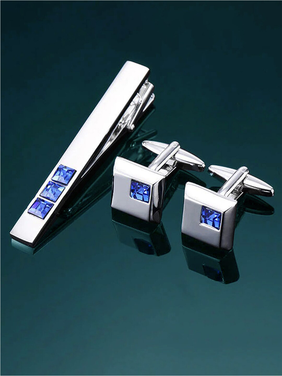 Peora Silver-Plated & Blue Combo of Tie Pin & Cufflinks Set