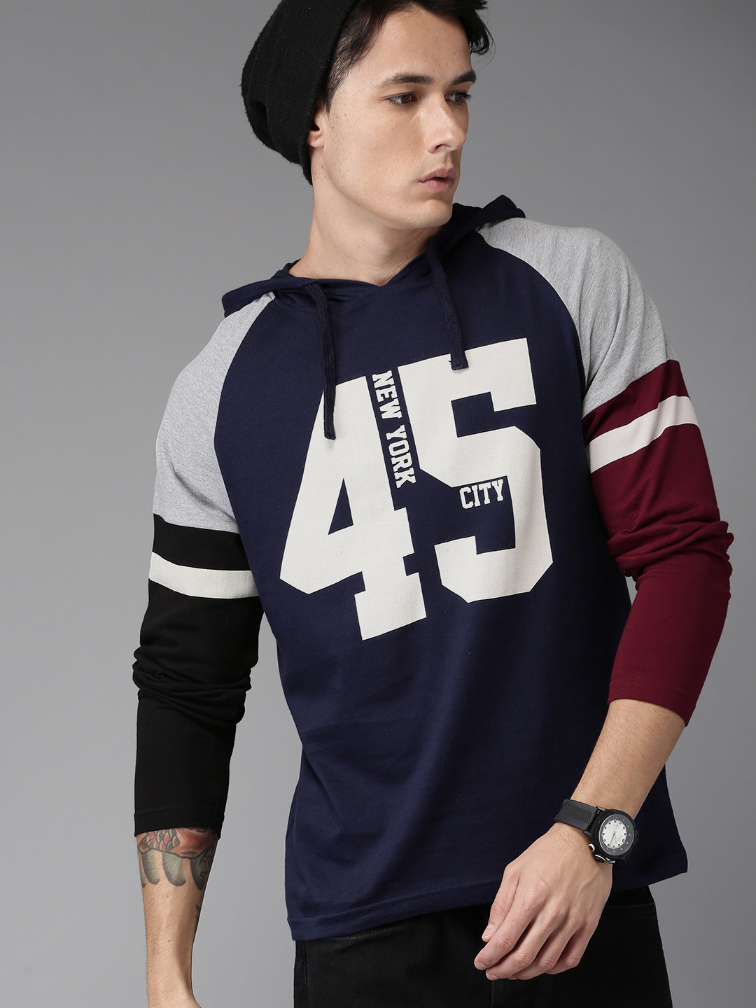 Men Navy Blue Printed Hood Pure Cotton 