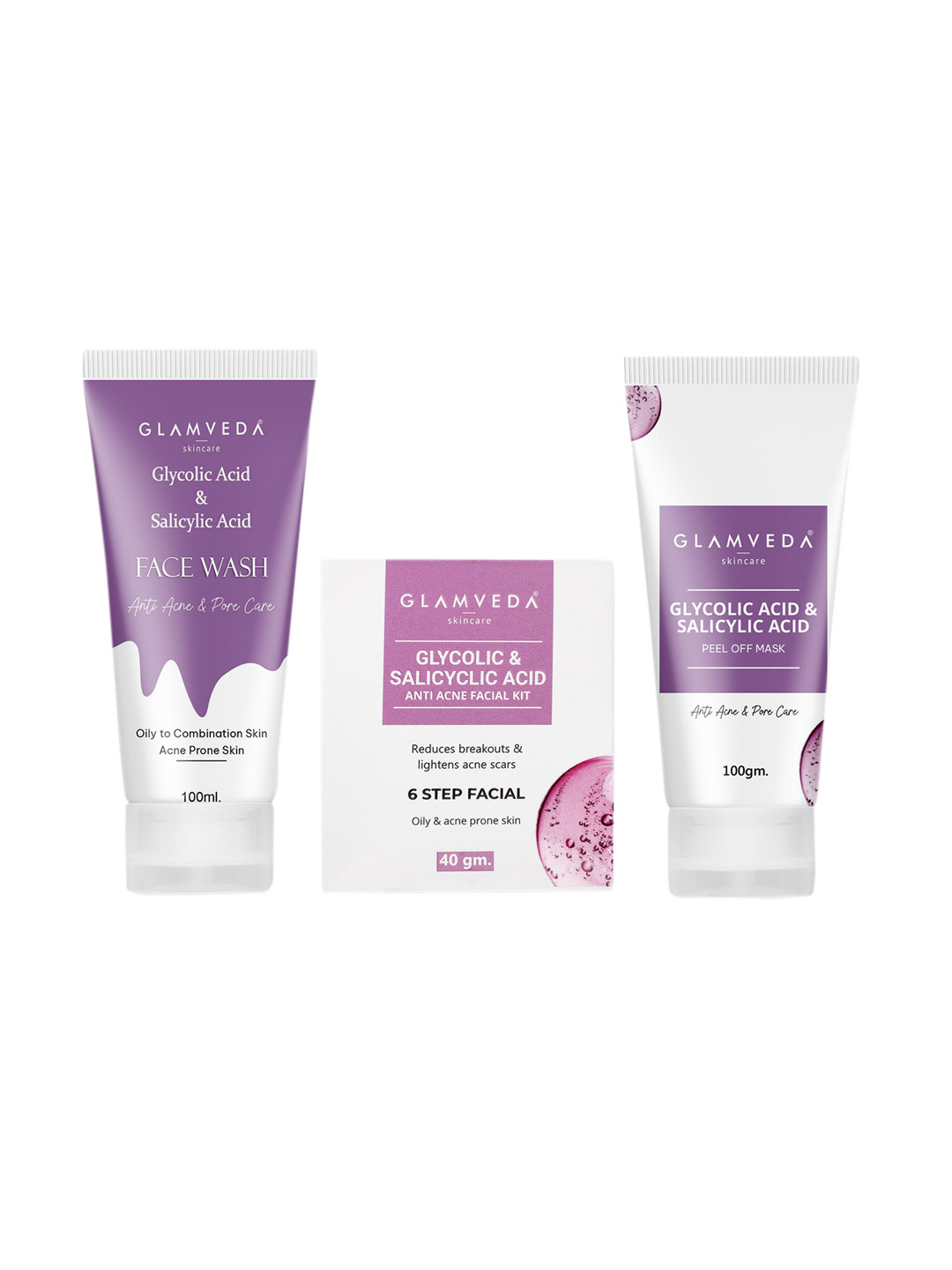 GLAMVEDA Set Of 3 Glycolic & Salicylic Acid Anti Acne Skincare Combo Kit