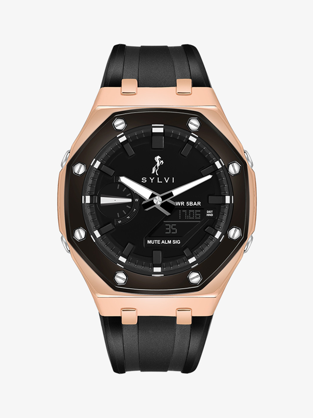 Sylvi Men Dial & Straps Analogue and Digital Multi Function Watch 101-Gold-Black