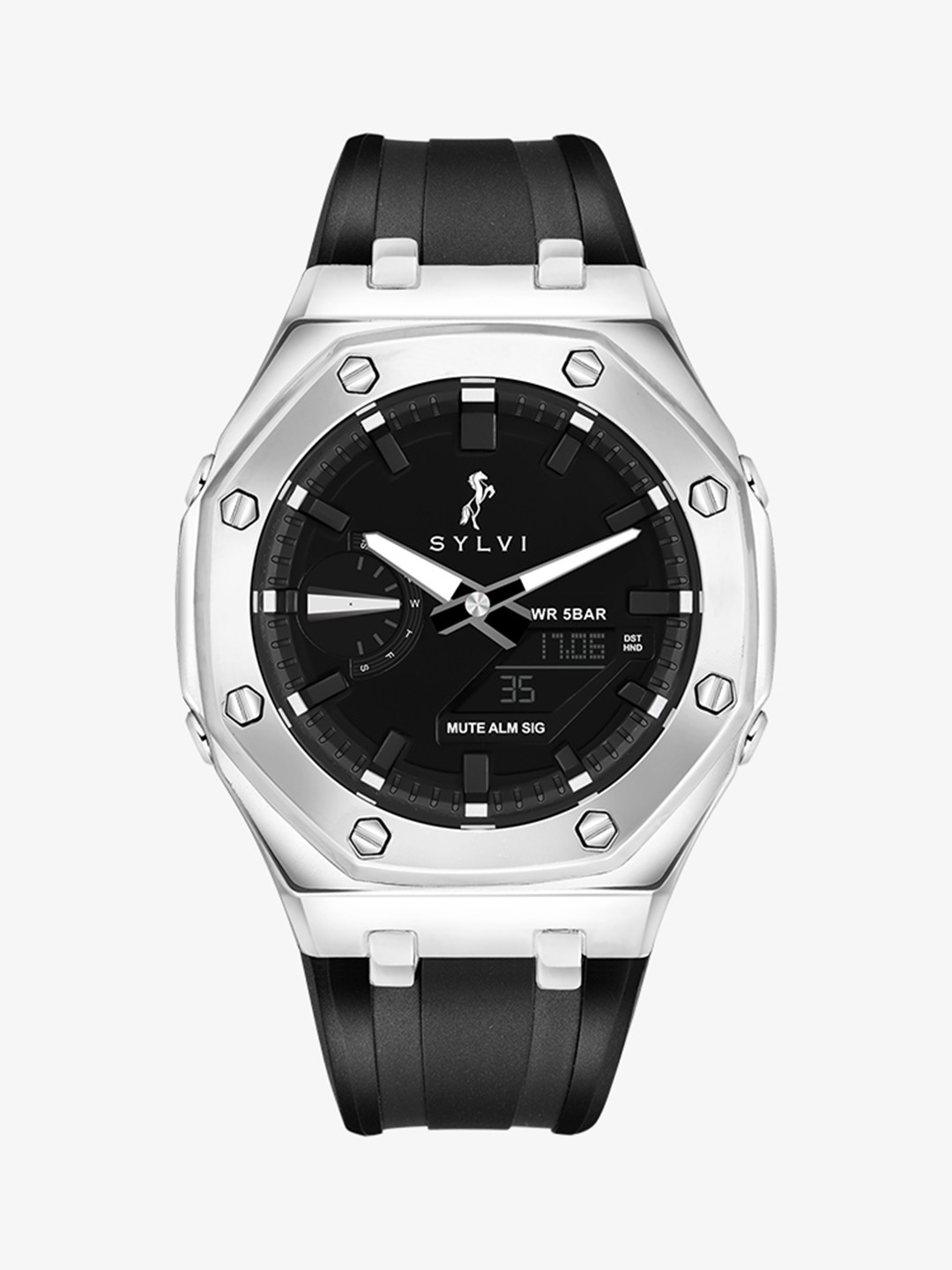 Sylvi Men Patterned Dial & Straps Analogue and Digital Multi Function Watch 101-silver