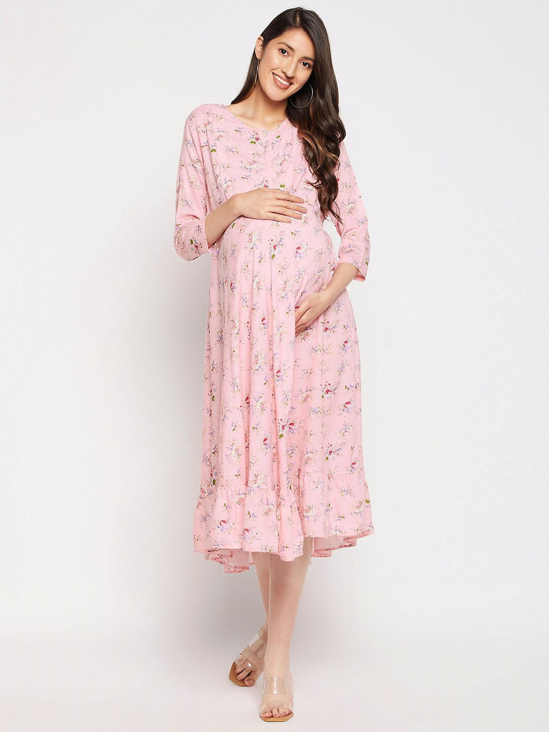 Hypernation Floral Round Neck Maternity A-Line Midi Dress