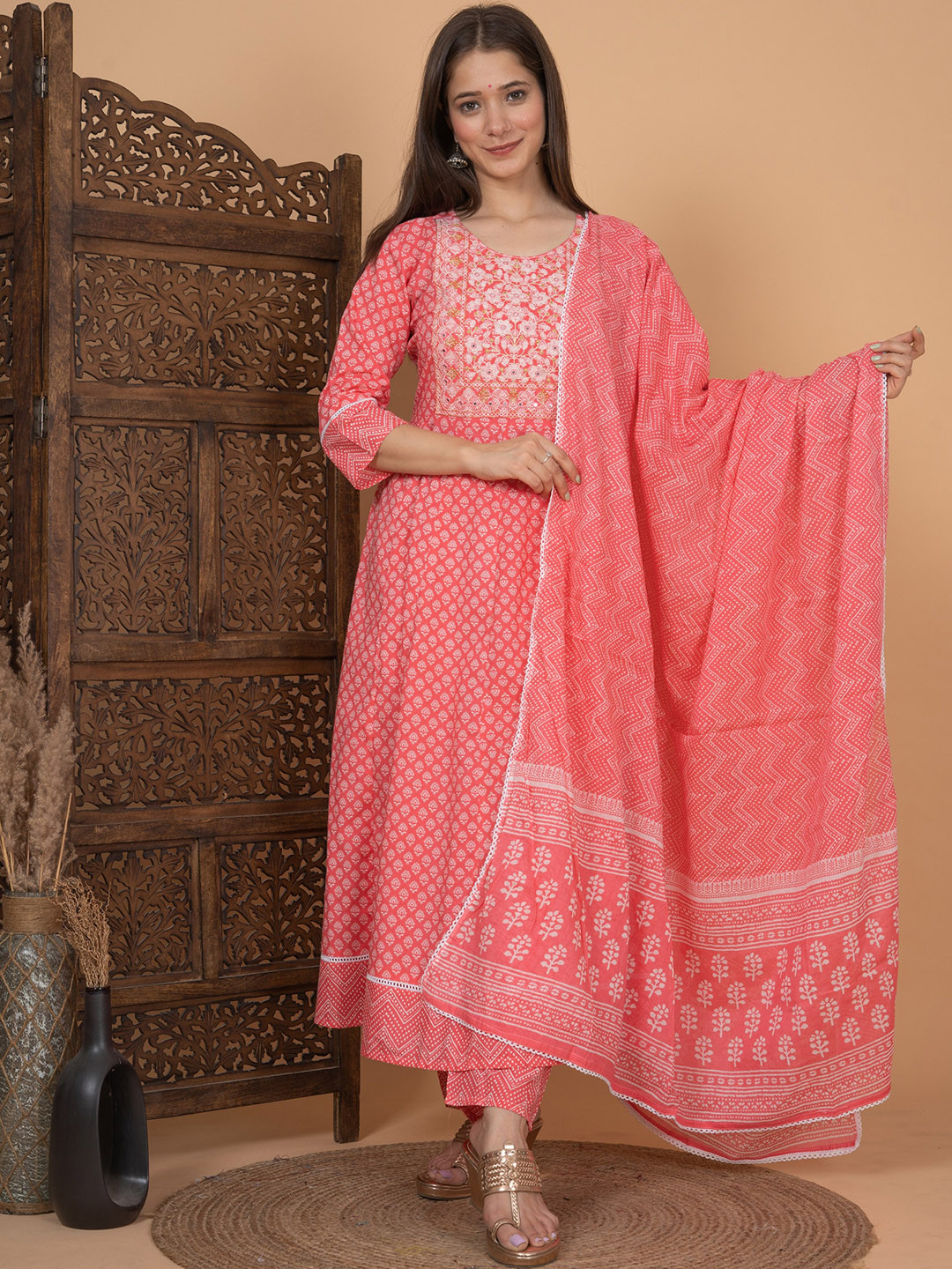 SINGNI Floral Embroidered Mirror Work Pure Cotton Kurta with Trousers & Dupatta