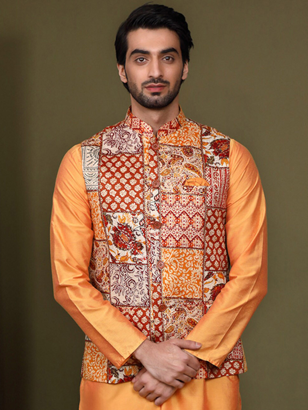 KISAH Floral Printed Mandarin Collar Nehru Jackets With Pocket Square