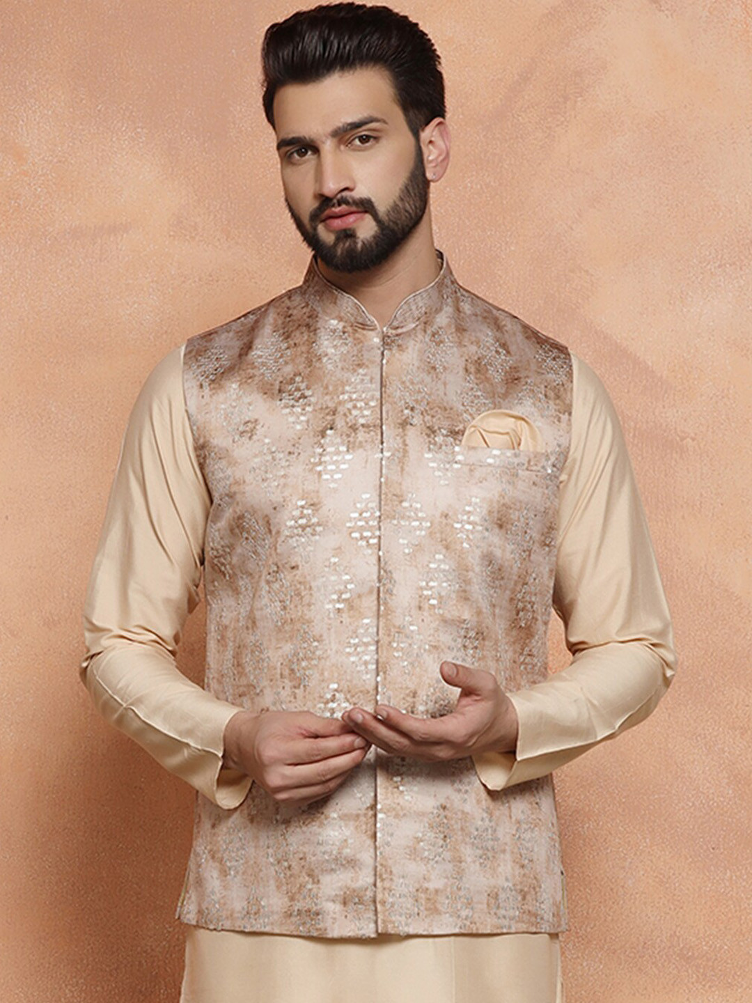 KISAH Embellished Mandarin Collar Nehru Jackets With Pocket Square