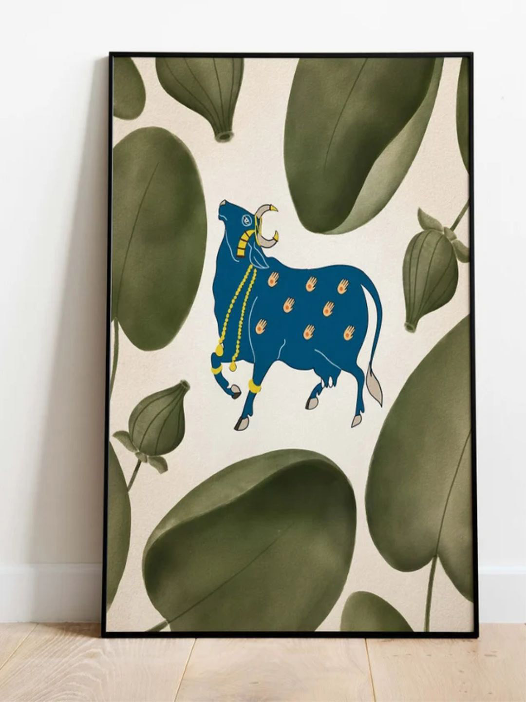 INDIAN CLASSIC ART Olive & Beige Indian Pichwai Art Cow Framed Wall Painting