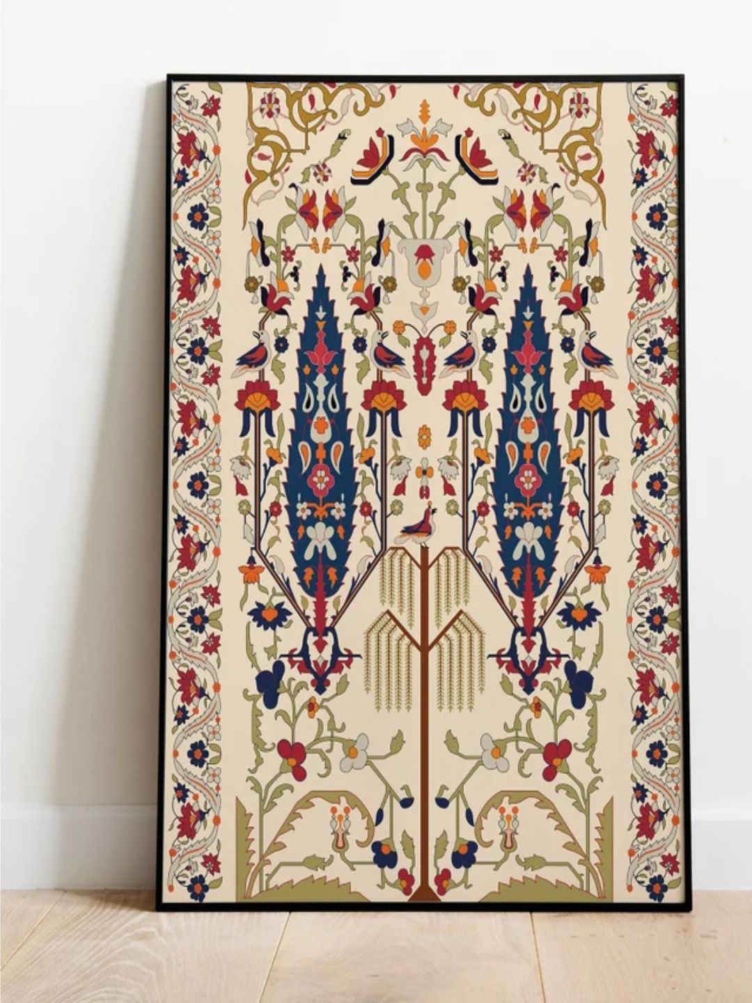 INDIAN CLASSIC ART Beige & Red Vintage Indian Floral & Nature Art Framed Wall Painting