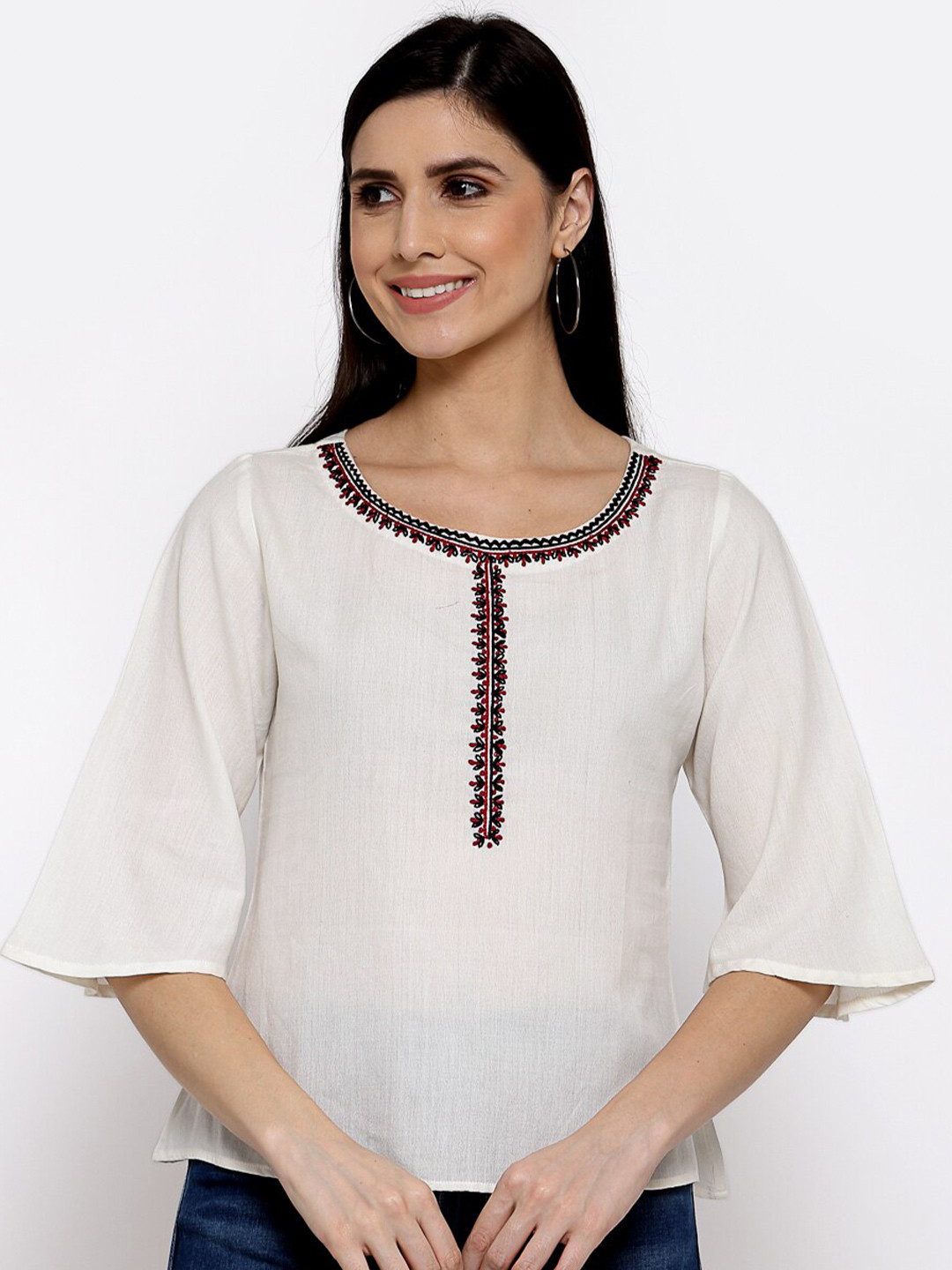 DART STUDIO Round Neck Flare Sleeves Linen Regular Top