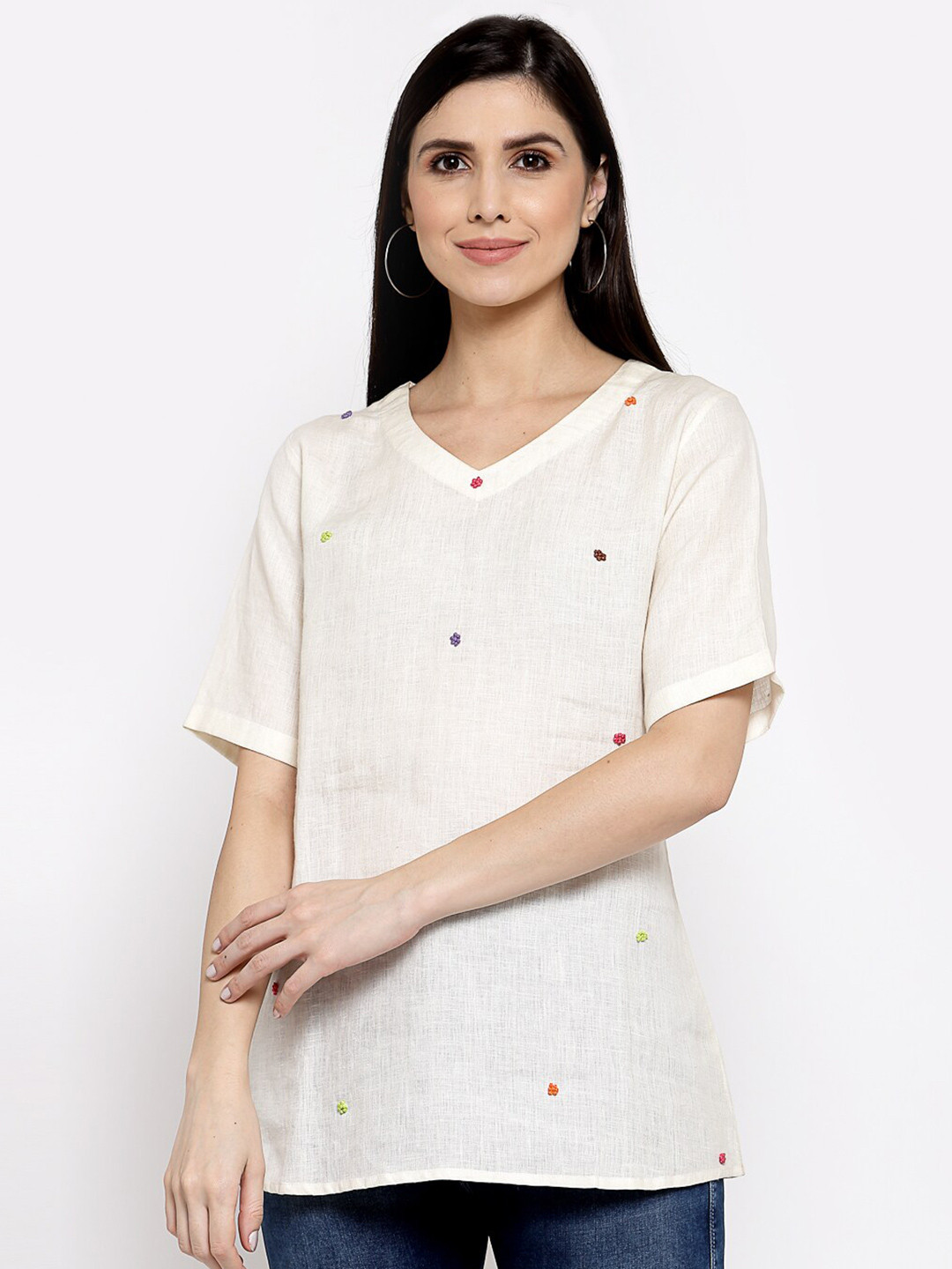 DART STUDIO V-Neck Short Sleeves Linen Regular Top