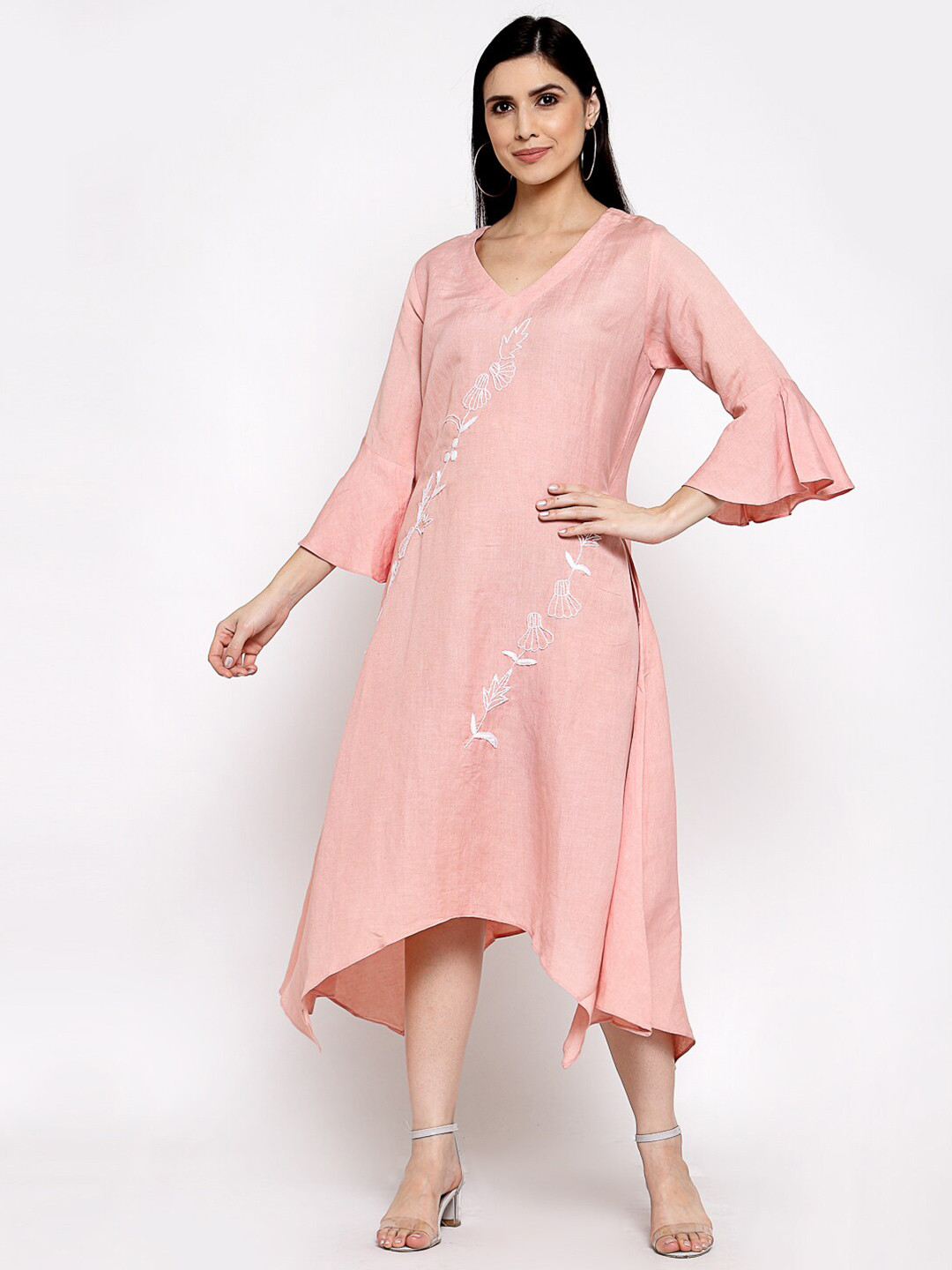 DART STUDIO V-Neck Bell Sleeves Linen Dress