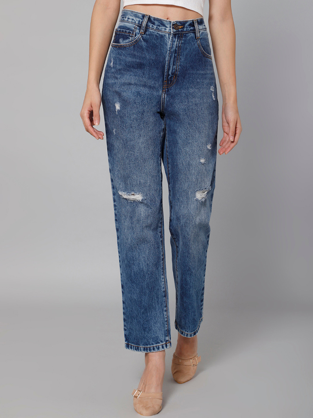 Cantabil Women Mid-Rise Low Distress Light Fade Stretchable Cotton Jeans