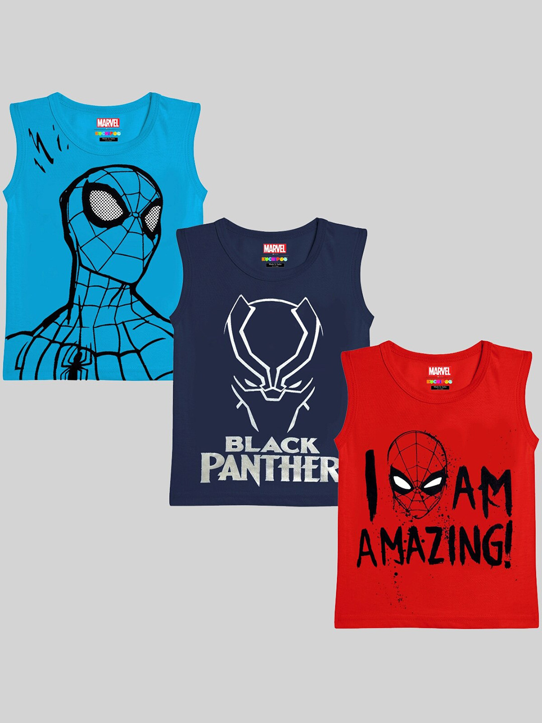 KUCHIPOO Boys Pack Of 3 Sleeveless Marvel Printed T-shirt