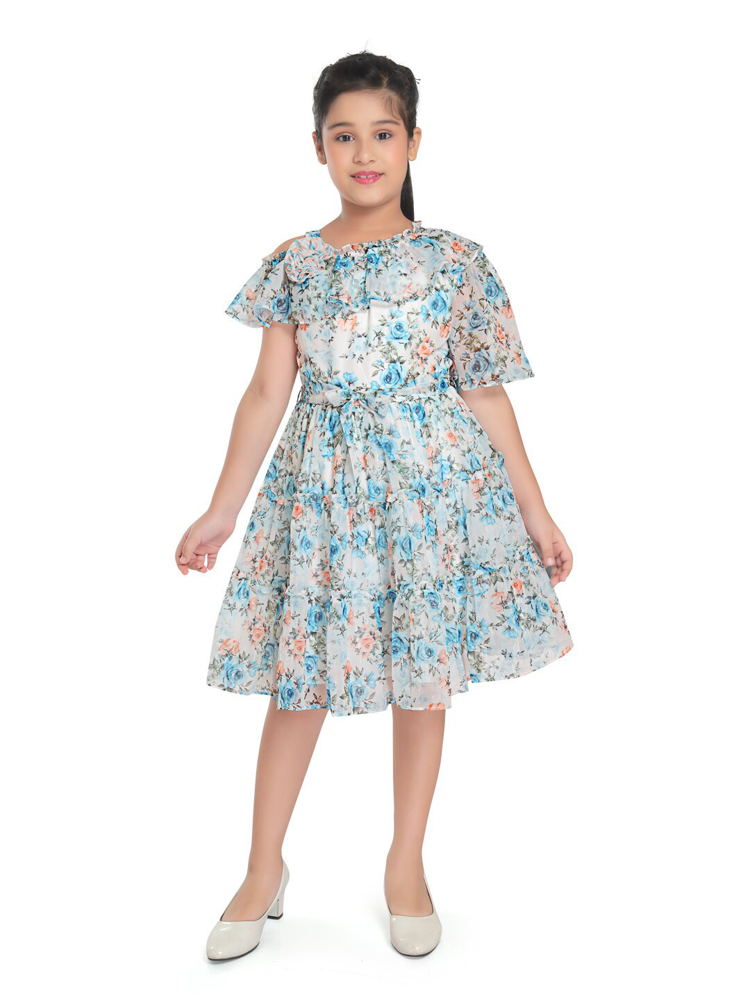 Peppermint Girls Off Shoulder Floral Printed Tiered Cotton Fit And Flare Dress