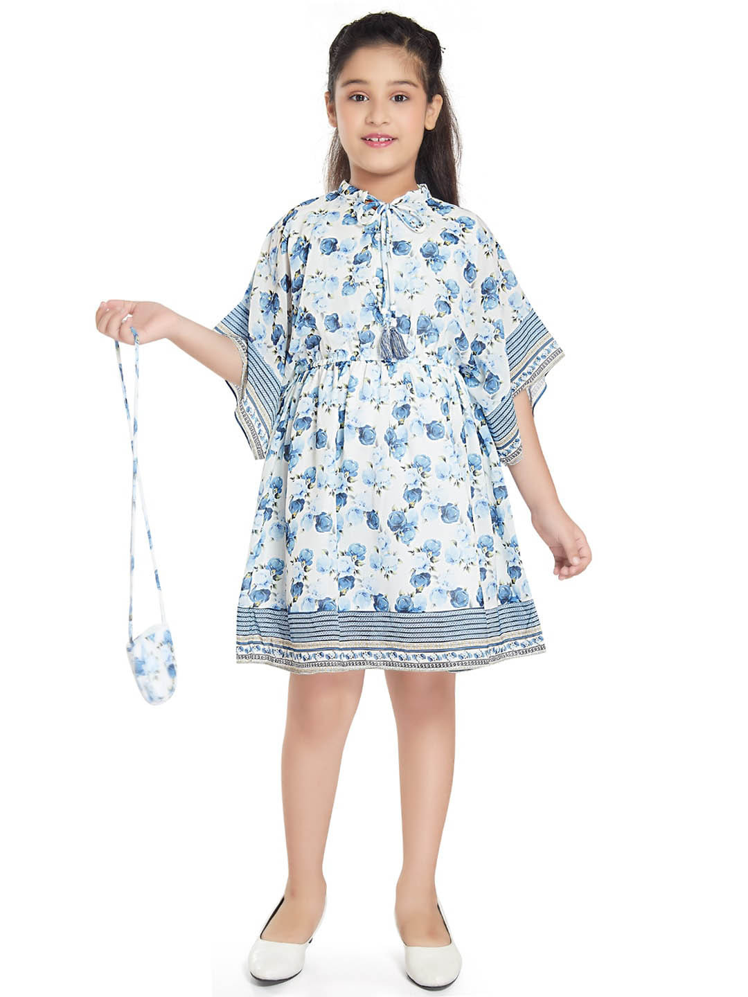 Peppermint Girls Floral Printed Extended Sleeves A-Line Dress With Sling Bag