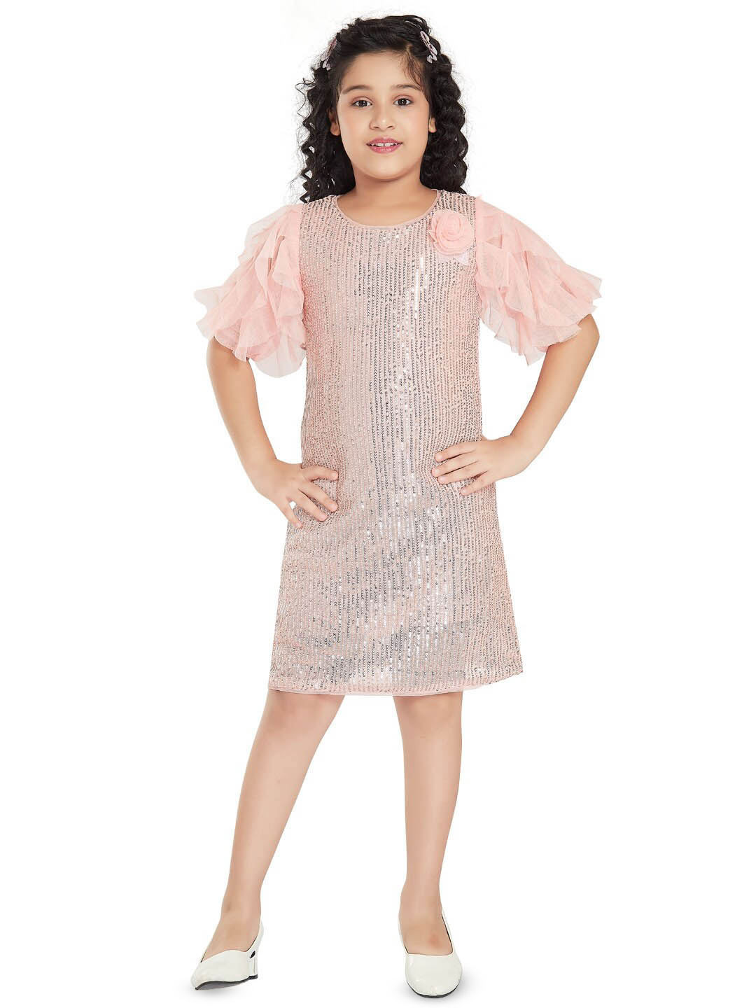 Peppermint Girls Round Neck Sequined Ruffles Satin A-Line Dress